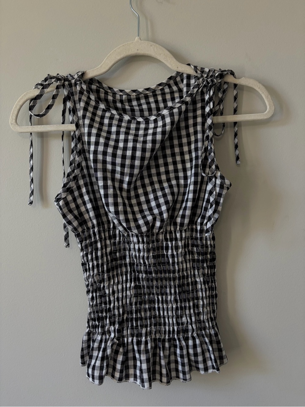 Source Unknown Black and White Gingham Tie-Shoulder Smocked Top